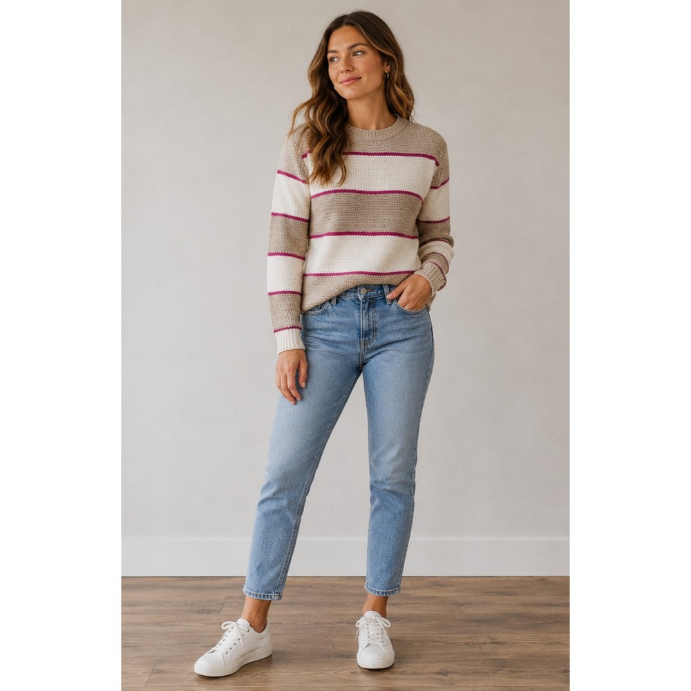 American Eagle Striped Waffle Knit Sweater Womens Large Pink Brown Pullover